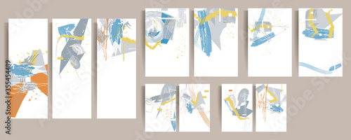 Art Set of creative hand painted illustrations for wall decoration, postcard or brochure with paint splashes and color graphics lines cover design