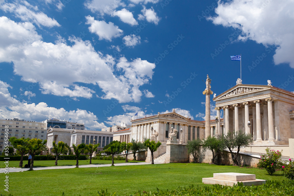 The architectonic Hansen Trilogy, in Athens, Greece, three emblematic buildings from right to left: the Academy, the University, the National Library.