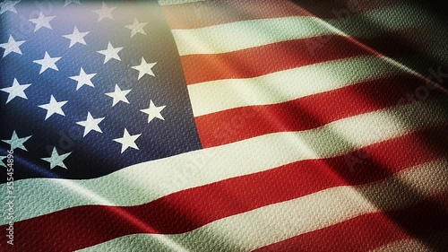 4k United States of America National flag slow loop seamless waving with visible wrinkles in wind blue USA sky background.A fully digital rendering;animation loops at 20 seconds.