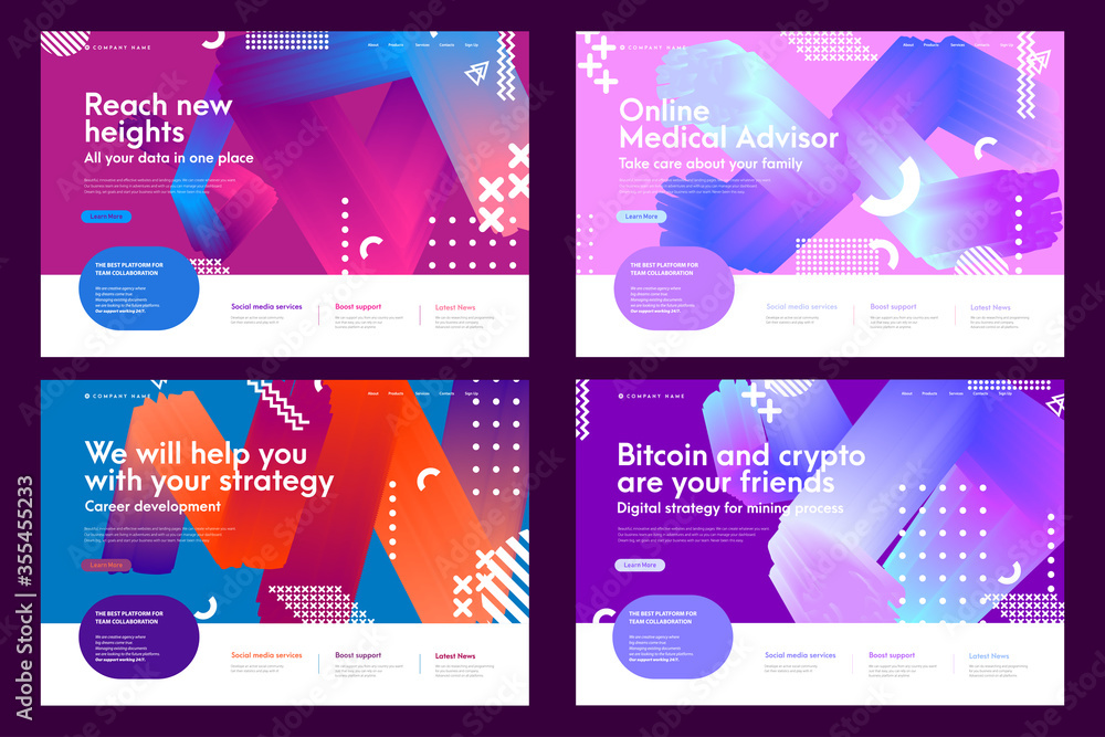 Set of colorful effective abstract website templates. Modern flat trendy design vector illustration concepts of web page design for internet and mobile website development. Easy to edit and customize