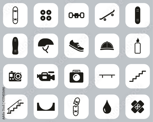 Skateboarding Extreme Sport & Equipment Icons Black & White Flat Design Set Big