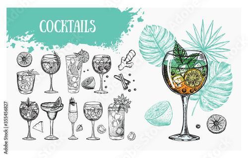 Cocktail menu design template. Alcoholic cocktails hand drawn.	