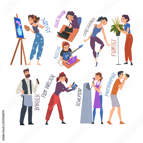 People of Creative Professions Set, Artist, Illustrator, Choreographer, Florist, Barber, Film Director, Sculptor, Photographer Cartoon Style Vector Illustration