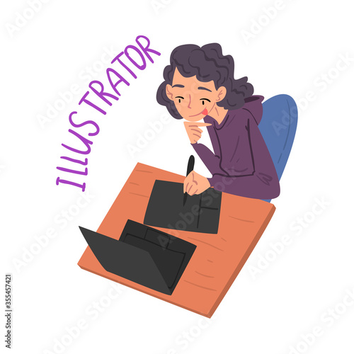 Female Illustrator, Freelance Designer, Creative Hobby or Profession Cartoon Style Vector Illustration on White Background