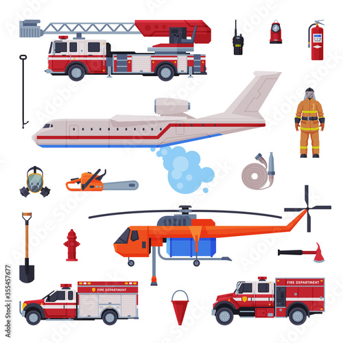 Fireman Equipment Collection, Firefighting Tools and Emergency Service Rescue Vehicles Flat Style Vector Illustration on White Background © topvectors