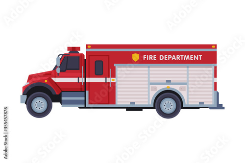 Red Engine Fire Truck, Emergency Service Firefighting Vehicle Flat Style Vector Illustration on White Background