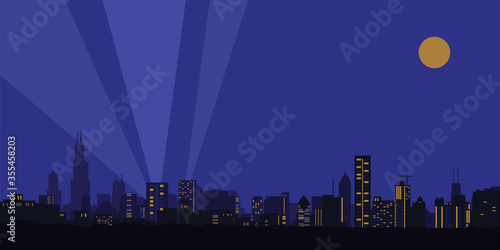 Vector illustration. Night city, houses, high-rise buildings