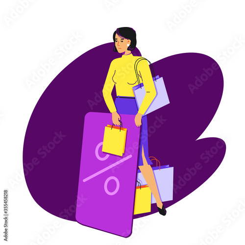 Tired woman with a bunch of purchases and a huge plastic discount card. The woman is upset. She is uncomfortable holding purchases and a plastic card at the same time.