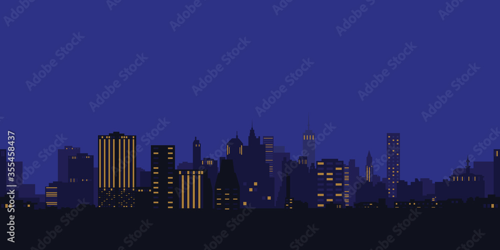 Naklejka premium Vector illustration. Night city, houses, high-rise buildings