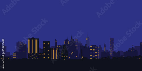 Vector illustration. Night city, houses, high-rise buildings