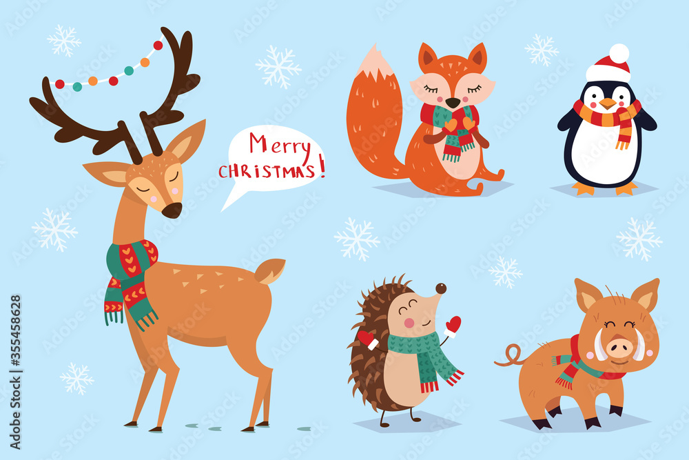 Christmas set, hand drawn style - calligraphy, animals and other elements. Vector illustration