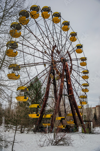 The Ferris wheel in abandoned city of Pripyat in winter.