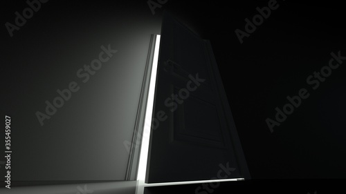 Light shines from door opening in dark room. Close. Fills the space with bright white light. 3D render