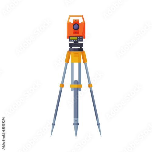 Tacheometer,Theodolite on Tripod, Geological Survey, Engineering Equipment for Measurement and Research Flat Style Vector Illustration