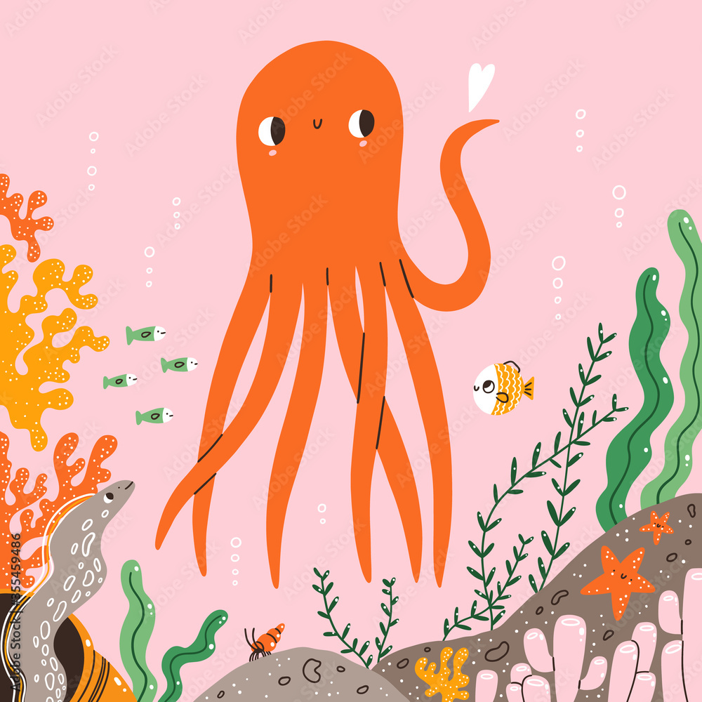 Marine life, cute octopus, fishes and corals, cartoon vector illustration Marine life, cute octopus, fishes and corals, cartoon vector illustration