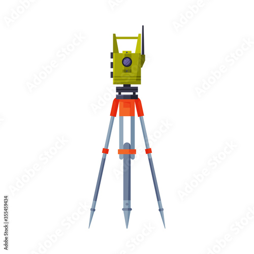 Theodolite on Tripod, Geodetic Equipment, Measuring Instrument Flat Style Vector Illustration on White Background