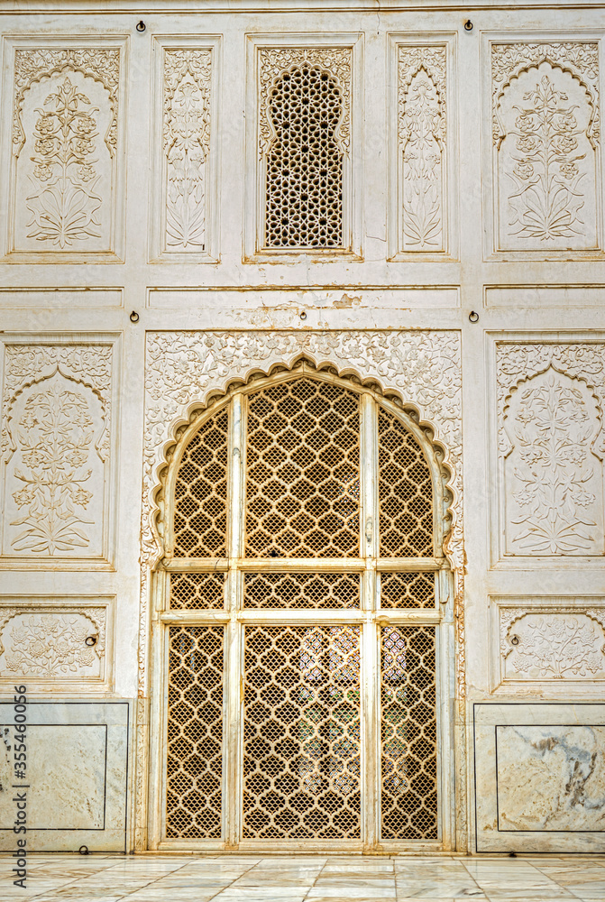 Intricate Window (Jali) at the Bibi ka Maqbara, built by Azam Shah in 1678, as a son's tribute to his mother, Begum Rabia Durrani, the Queen of Mughal emperor Aurangzeb. Aurangabad, Maharashtra, India