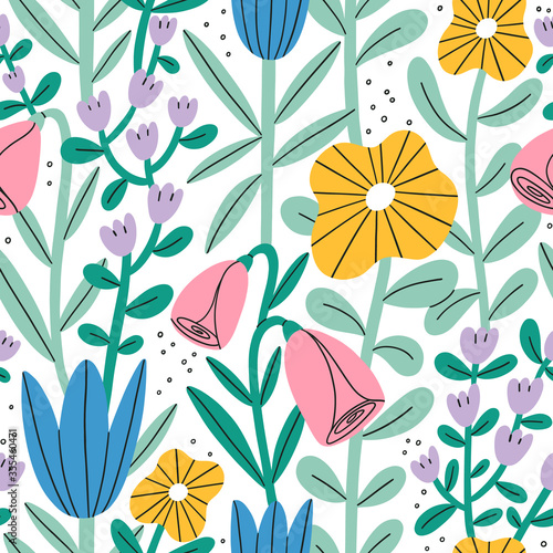Gentle abstract pastel floral garden, vector seamless pattern