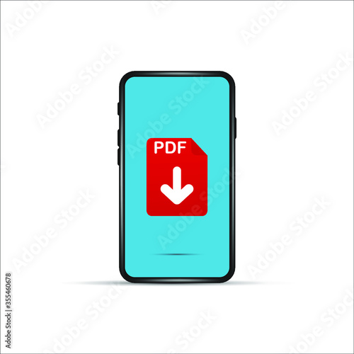 download pdf file by cartoon mobile phone. concept of upload files to your telephone such as docs books and more. flat simple style trend modern logotype graphic design isolated on white background