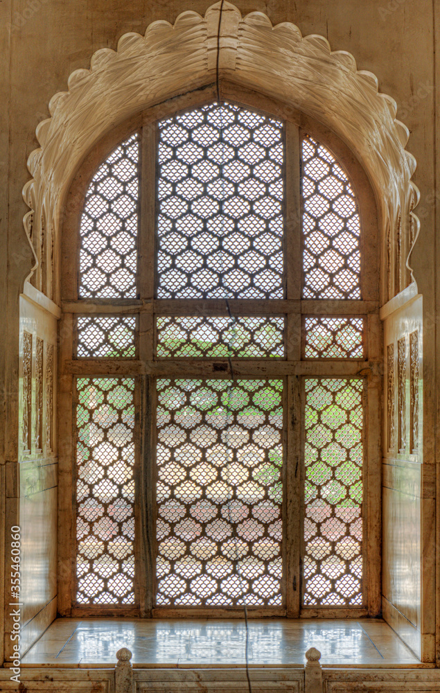 Intricate Window (Jali) at the Bibi ka Maqbara, built by Azam Shah in 1678, as a son's tribute to his mother, Begum Rabia Durrani, the Queen of Mughal emperor Aurangzeb. Aurangabad, Maharashtra, India