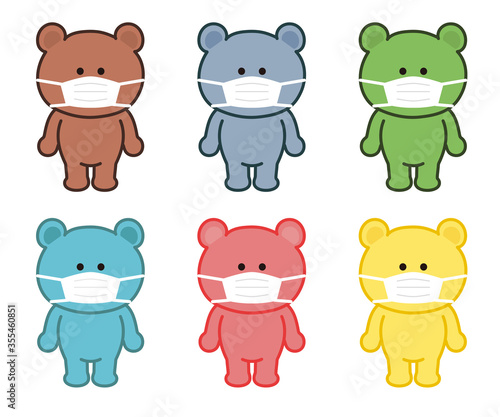 Set of colorful bears wearing a surgical or medical face mask. Vector illustration isolated on white background.