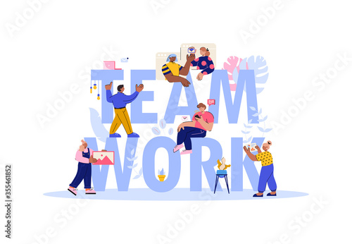 Vector business illustration, characters freelancers, designers and programmers work in a team, building a business project. People in cartoon style. Big word teamwork