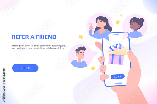 Referral marketing or affiliate marketing concept. Hand holding smartphone, invites friends to refer a friend loyalty program to win online reward, prize or gift box on screen, vector illustration