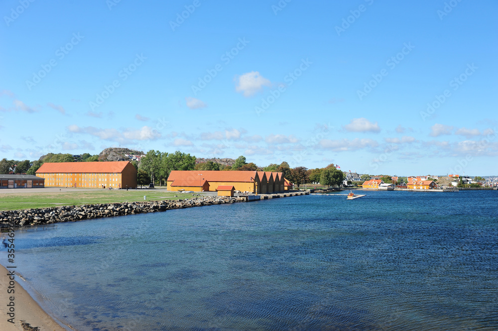 Stavern harbor on a clear late summer day. Horizontal photo with copy space.
