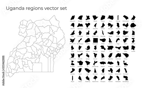 Uganda map with shapes of regions. Blank vector map of the country with regions. Borders of the country for your infographic. Vector illustration.