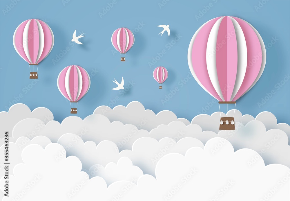Pink hot air balloons with white clouds, birds and blue sky. Paper cut out digital craft style. Carving art. Vector illustration Pink hot air balloons with white clouds, birds and blue sky. Paper cut out digital craft style. Carving art. Vector illustration