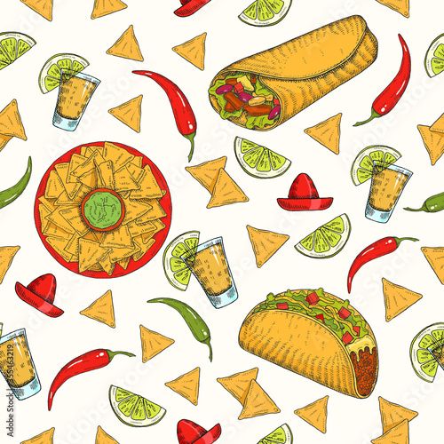 Seamless pattern with hand drawn Mexican food -  chili pepper,  guacamole, lime, jalapenos, nachos, tacos, burritos, tequila on white. Sketch. Cinco de Mayo 