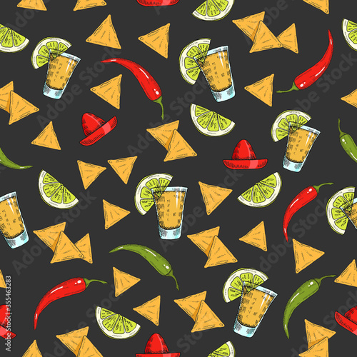 Seamless pattern with hand drawn Mexican food -  chili pepper,  guacamole, lime, jalapenos, nachos, tacos, burritos, tequila on black. Sketch. Cinco de Mayo 