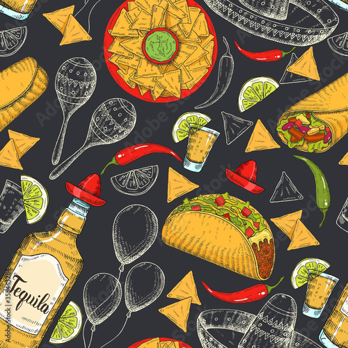 Seamless pattern with hand drawn Mexican food -  chili pepper,  guacamole, maracas, sombrero, lime, jalapenos, nachos, tacos, burritos, tequila on black. Sketch. Cinco de Mayo 