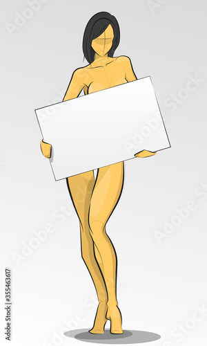 Sexy naked brunette holding empty board. illustration.