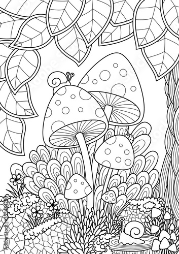 Doodle coloring book page forest mushrooms. Antistress for adult. Zentangle black and white illustration