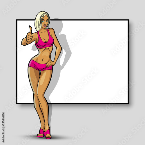 Slim girl on the background of an empty banner. Sexy woman in front of school board. Elegant lady on the background of pure advertising poster