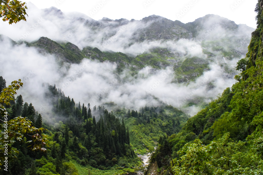 Lush green & rocky mountains valley covered in clouds on a misty ...