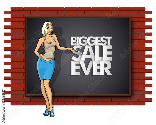 Slim girl on the background "Biggest sale ever" banner. Sexy woman in front of school board banner. Elegant lady on the background sale advertising poster. Advertising discount sale poster