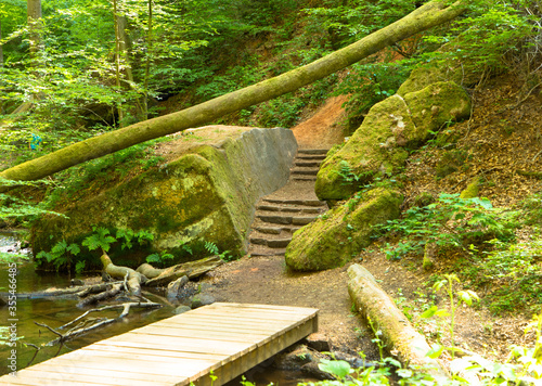 Hiking trail with wooden footbridge, wild and romantic Karlstal gorge in spring near Trippstadt Rhineland Palatinate, Germany photo