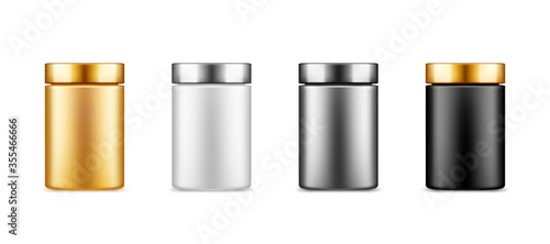 Black, gold, silver, white plastic jar bottle mockup with metalic cap isolated from background. Packaging design. Blank sport dietary nutrition, healthcare template. 3d realistic vector illustration