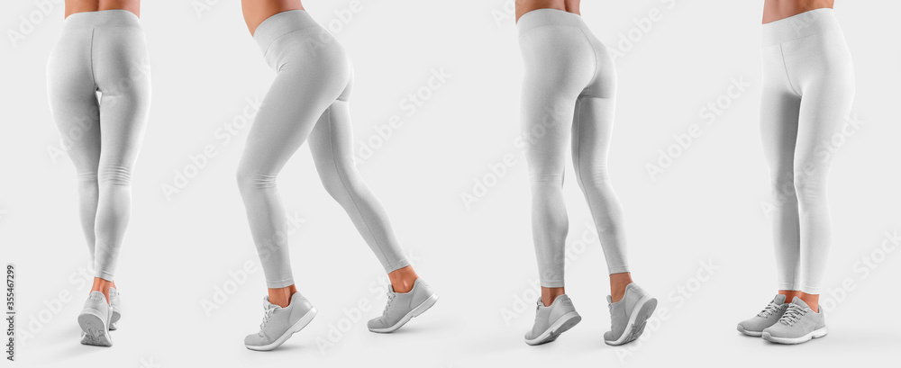 Mockup of women's white leggings on a fit girl, sweatpants front, side,  back, for presentation of design and advertising in the online store.  Template Stock Photo - Alamy