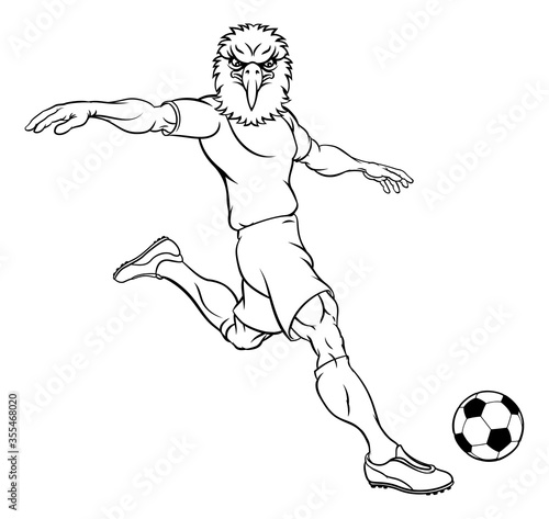 An eagle soccer football player cartoon animal sports mascot kicking the ball