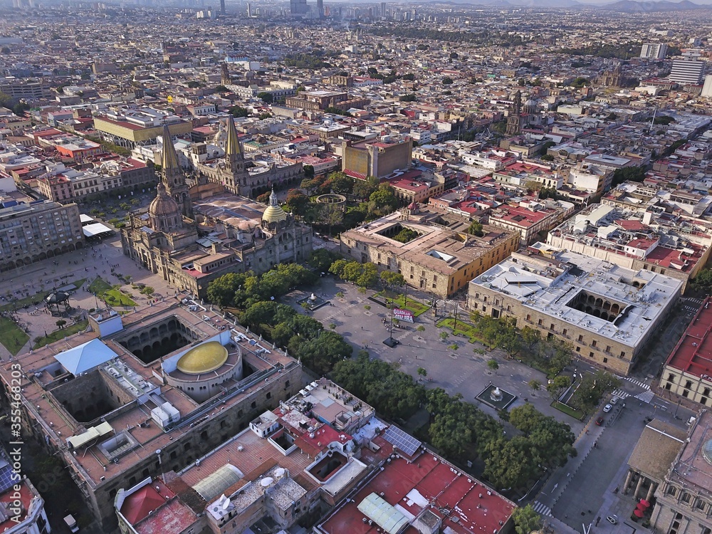 aerial view of historic center of Guadalajara, Mexico with Cathedral and Plaza de la liberation 