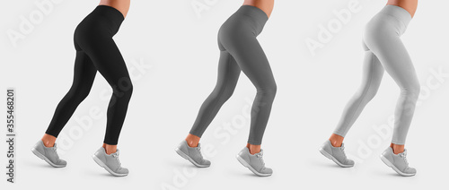 Template textural leggings on a running girl, clothes for sports and fitness, side view, isolated on background. photo