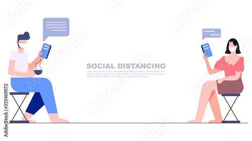 Two people sitting separate keep distance chat online with mobile phone in hand. Social distancing concept. New normal lifestyle after covid-19 pandemic flat character design vector illustration.