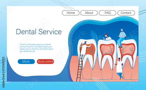 Site layout or web template for dental clinic, flat vector stock illustration with small dentists and big teeth for a landing