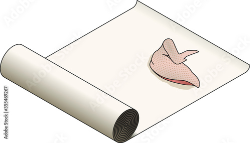 A roll of unbleached butcher paper with a raw chicken quarter cut.