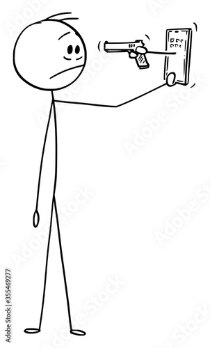 Vector cartoon stick figure drawing conceptual illustration of stressed man or businessman with hand with gun sticking out of his mobile phone. Concept of blackmail and digital technology.