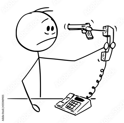 Vector cartoon stick figure drawing conceptual illustration of stressed man or businessman with hand with gun sticking out of phone or telephone receiver. Concept of blackmail and technology.