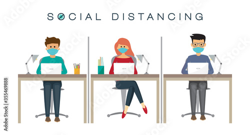 People at work, social distancing concept, prevention of coronavirus, vector illustration